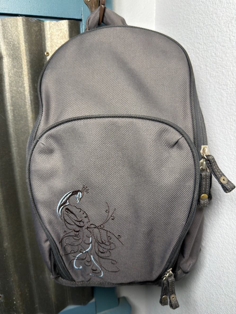 REI Nikole Gray Day Pack Bag Backpack Embroidered Peacock Hiking Gorpcore Boho